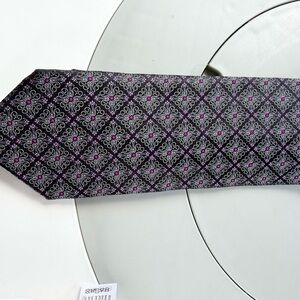 Canali Black Silk Tie with Purple and Silver Medallion Pattern
